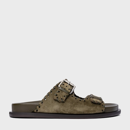 Flat Papete Birken Detalhe Costura Couro Suede Verde Army Green