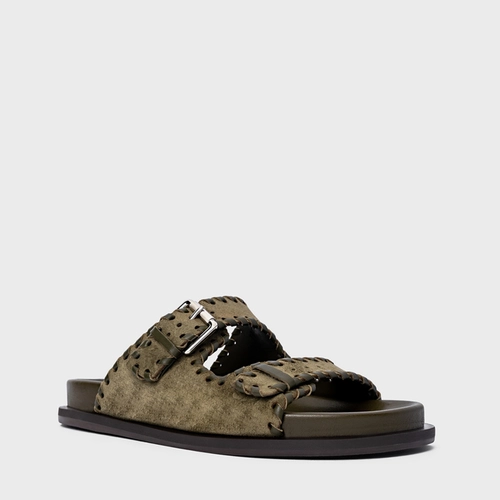Flat Papete Birken Detalhe Costura Couro Suede Verde Army Green