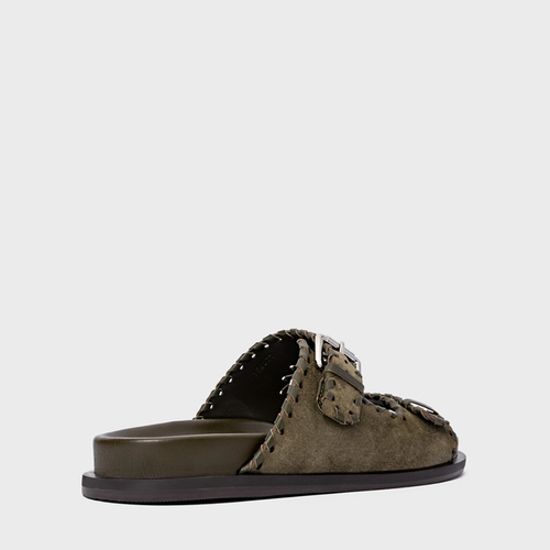 Flat Papete Birken Detalhe Costura Couro Suede Verde Army Green
