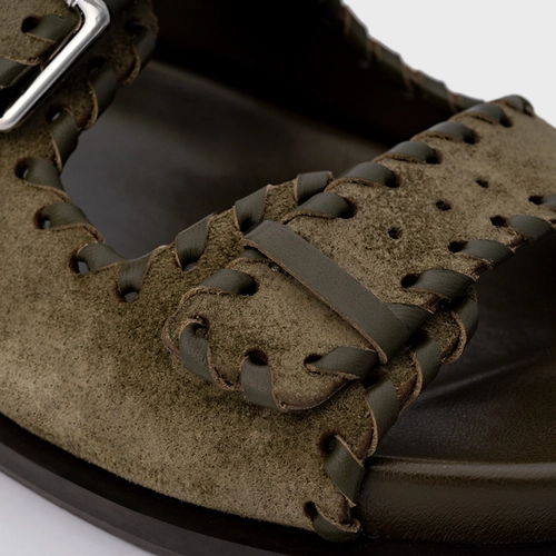 Flat Papete Birken Detalhe Costura Couro Suede Verde Army Green