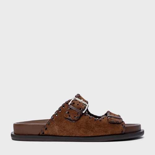 Flat Papete Birken Detalhe Costura Couro Suede Marrom Brownie