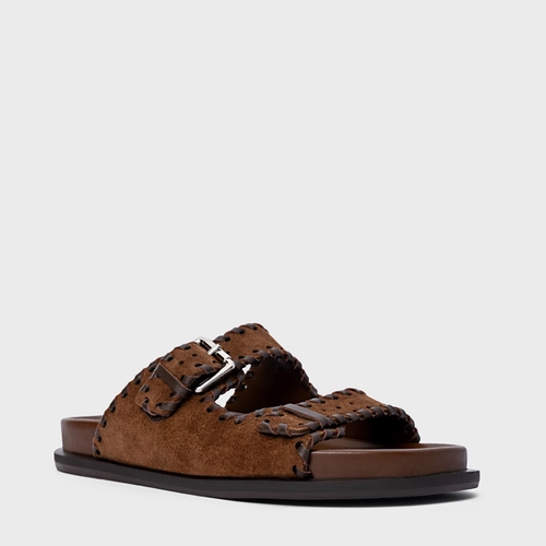 Flat Papete Birken Detalhe Costura Couro Suede Marrom Brownie