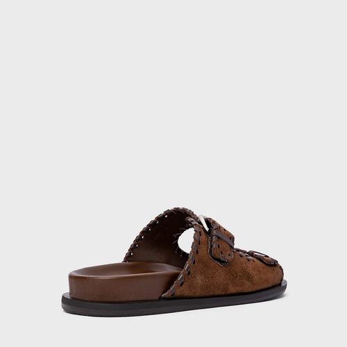 Flat Papete Birken Detalhe Costura Couro Suede Marrom Brownie