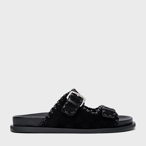 Flat Papete Birken Detalhe Costura Couro Suede Preto