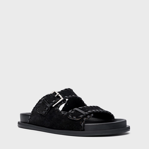 Flat Papete Birken Detalhe Costura Couro Suede Preto
