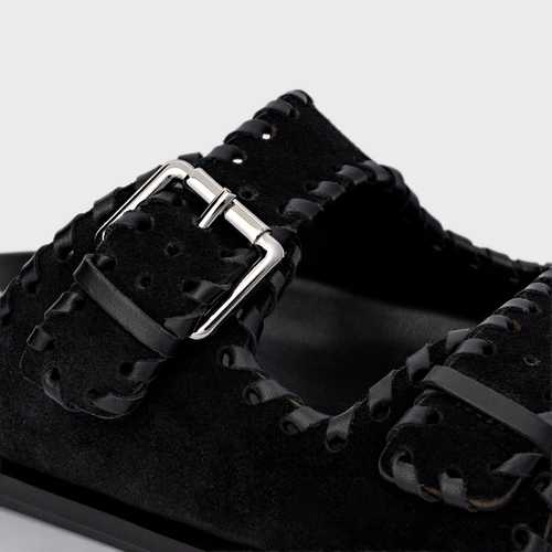 Flat Papete Birken Detalhe Costura Couro Suede Preto