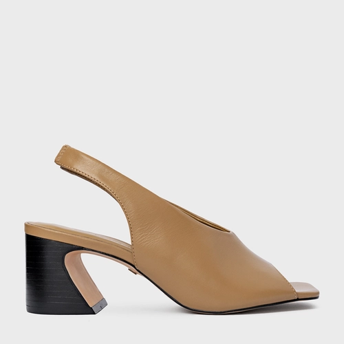 Sandália Recorte Salto Wave Couro Bege Almond