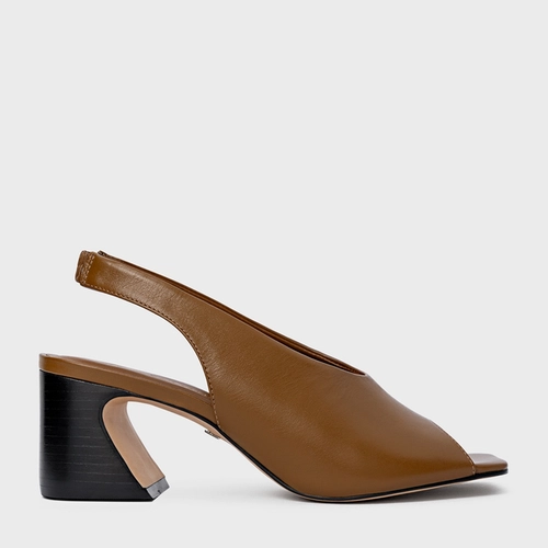 Sandália Recorte Salto Wave Couro Marrom Saddle