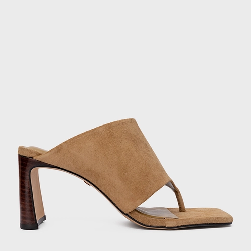 Open Mule Maxi Thong Salto Uno Couro Suede Bege Almond