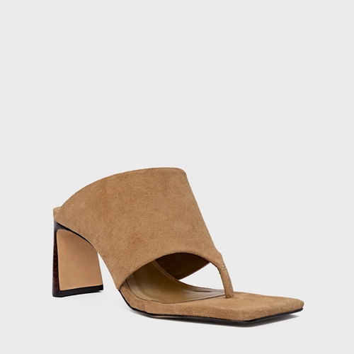 Open Mule Maxi Thong Salto Uno Couro Suede Bege Almond