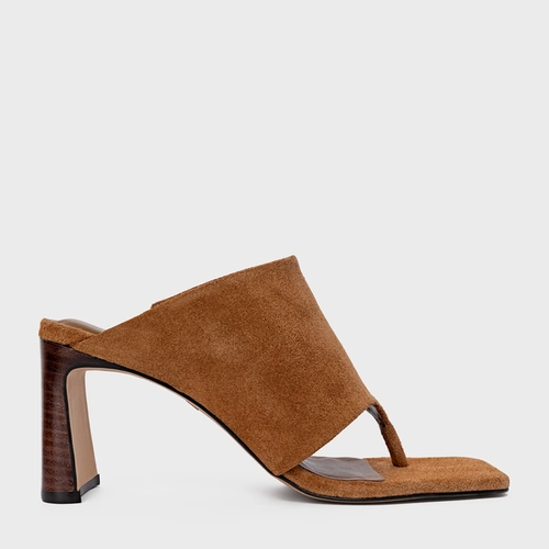 Open Mule Maxi Thong Salto Uno Couro Suede Marrom Saddle