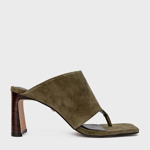 Open Mule Maxi Thong Salto Uno Couro Suede Verde Army Green