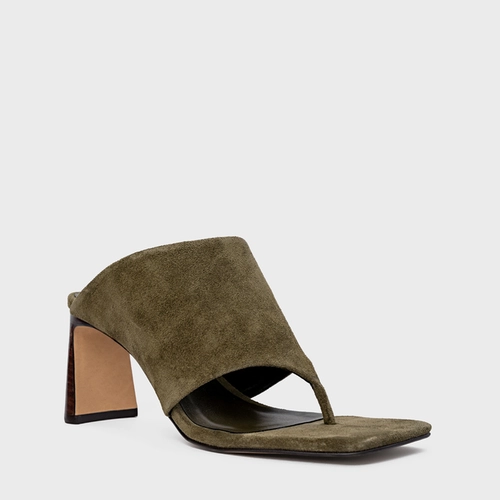 Open Mule Maxi Thong Salto Uno Couro Suede Verde Army Green
