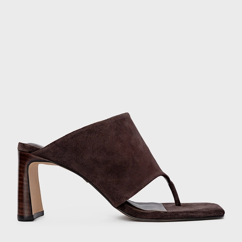 Open Mule Maxi Thong Salto Uno Couro Suede Marrom Ganache