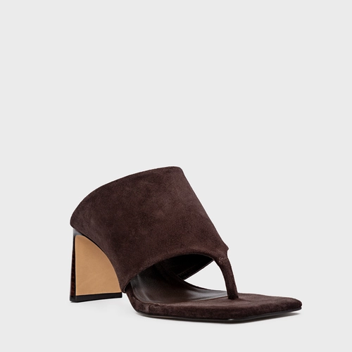 Open Mule Maxi Thong Salto Uno Couro Suede Marrom Ganache