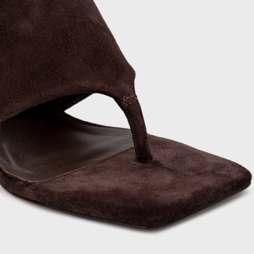 Open Mule Maxi Thong Salto Uno Couro Suede Marrom Ganache