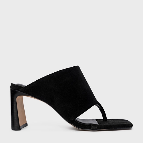 Open Mule Maxi Thong Salto Uno Couro Suede Preto