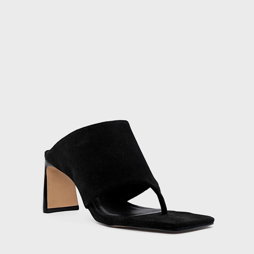 Open Mule Maxi Thong Salto Uno Couro Suede Preto