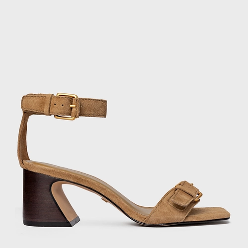 Sandália Detalhe Fivela Salto Wave Couro Suede Bege Almond