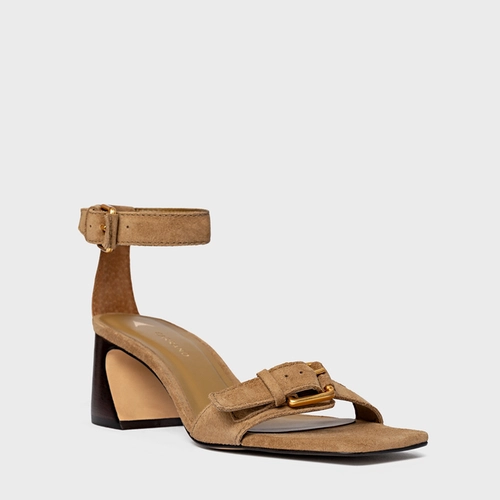 Sandália Detalhe Fivela Salto Wave Couro Suede Bege Almond