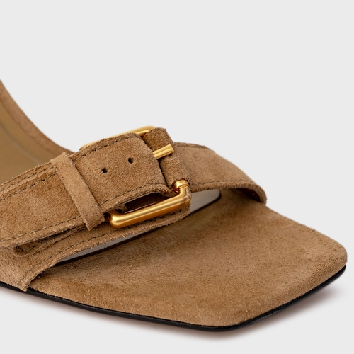 Sandália Detalhe Fivela Salto Wave Couro Suede Bege Almond