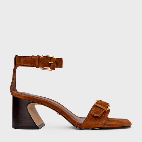 Sandália Detalhe Fivela Salto Wave Couro Suede Marrom Ferrugem