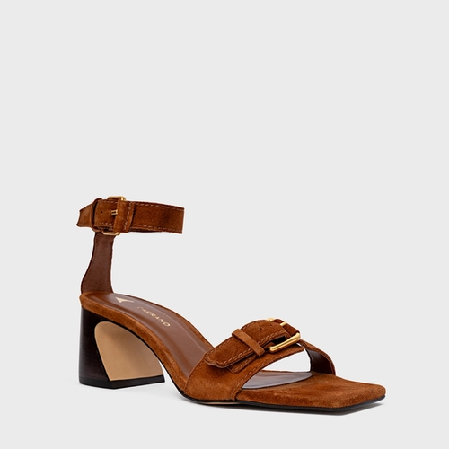 Sandália Detalhe Fivela Salto Wave Couro Suede Marrom Ferrugem