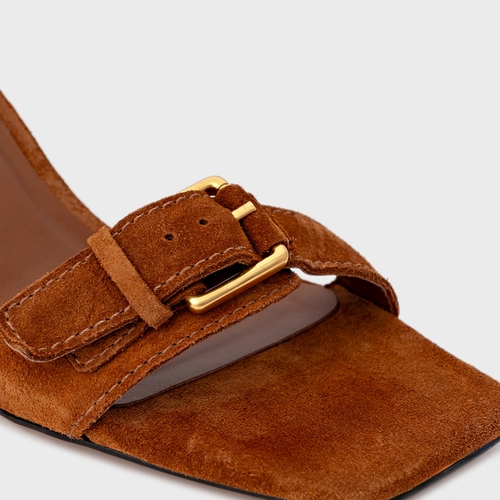 Sandália Detalhe Fivela Salto Wave Couro Suede Marrom Ferrugem