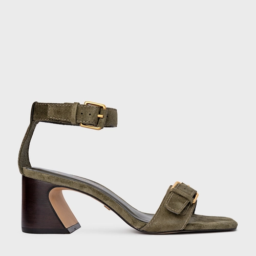 Sandália Detalhe Fivela Salto Wave Couro Suede Verde Army Green