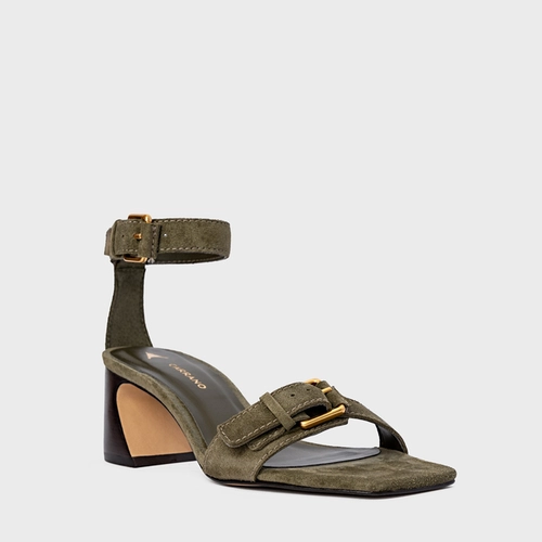 Sandália Detalhe Fivela Salto Wave Couro Suede Verde Army Green