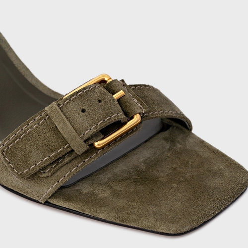 Sandália Detalhe Fivela Salto Wave Couro Suede Verde Army Green