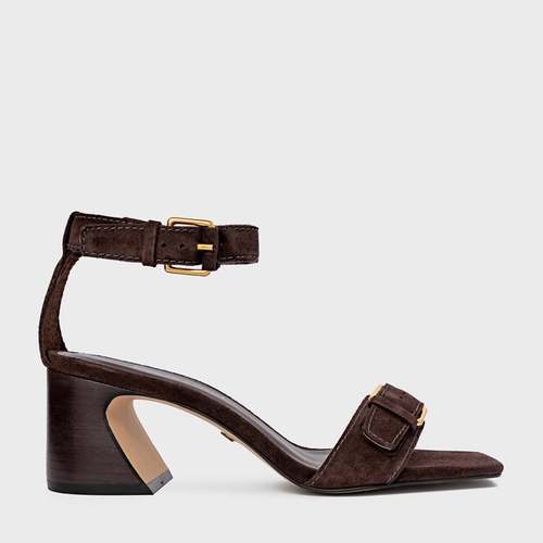 Sandália Detalhe Fivela Salto Wave Couro Suede Marrom Ganache