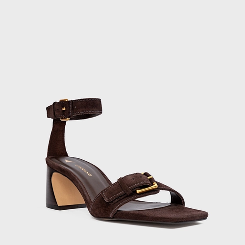 Sandália Detalhe Fivela Salto Wave Couro Suede Marrom Ganache