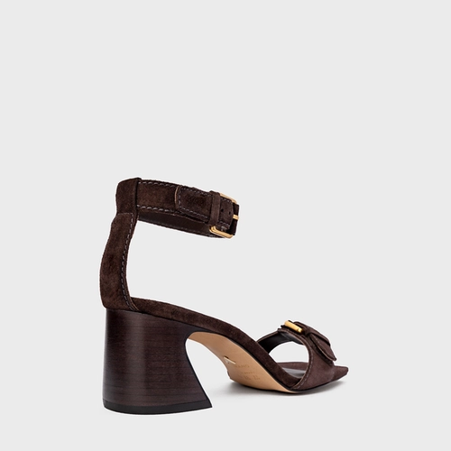 Sandália Detalhe Fivela Salto Wave Couro Suede Marrom Ganache