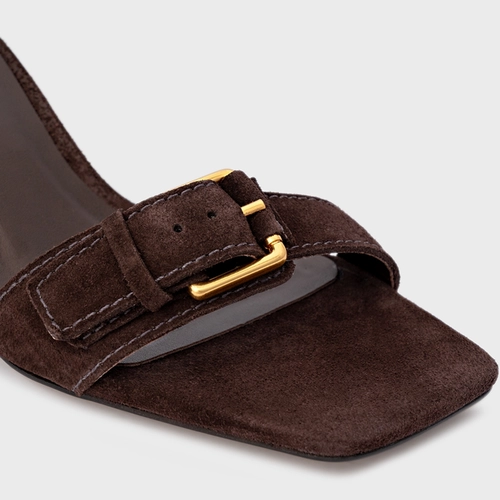 Sandália Detalhe Fivela Salto Wave Couro Suede Marrom Ganache