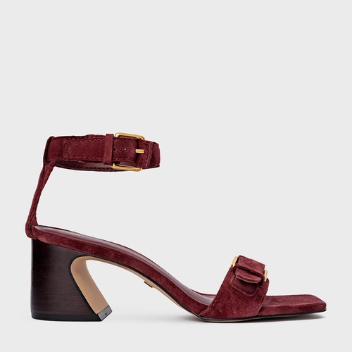 Sandália Detalhe Fivela Salto Wave Couro Suede Vinho Mahogany