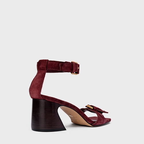 Sandália Detalhe Fivela Salto Wave Couro Suede Vinho Mahogany