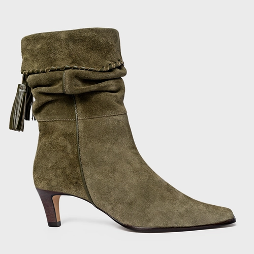 Bota Slouchy Franjas Salto Fino Couro Suede Verde Army Green