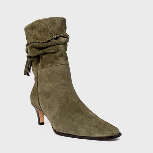 Bota Slouchy Franjas Salto Fino Couro Suede Verde Army Green