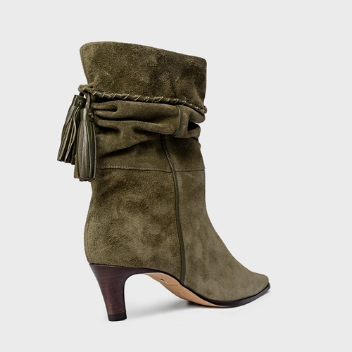 Bota Slouchy Franjas Salto Fino Couro Suede Verde Army Green