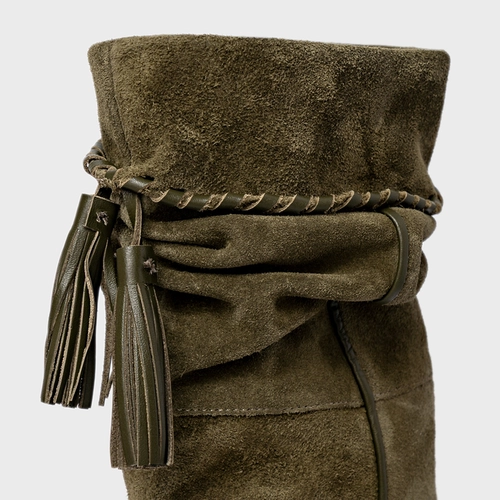 Bota Slouchy Franjas Salto Fino Couro Suede Verde Army Green
