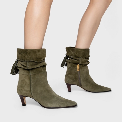 Bota Slouchy Franjas Salto Fino Couro Suede Verde Army Green