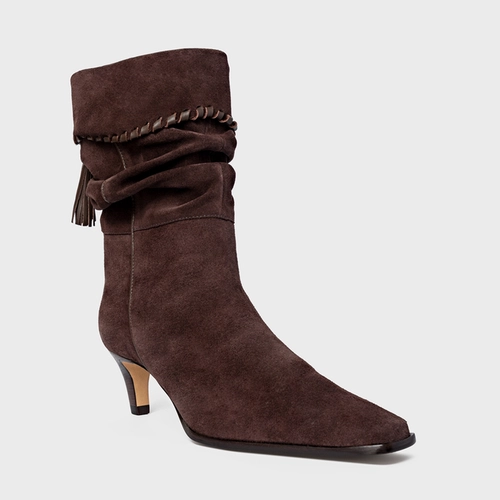 Bota Slouchy Franjas Salto Fino Couro Suede Marrom Ganache