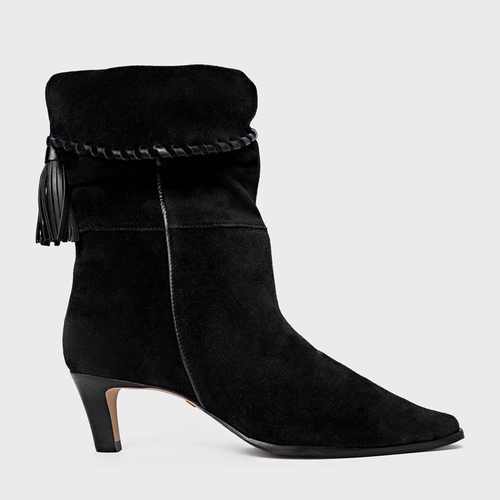 Bota Slouchy Franjas Salto Fino Couro Suede Preto