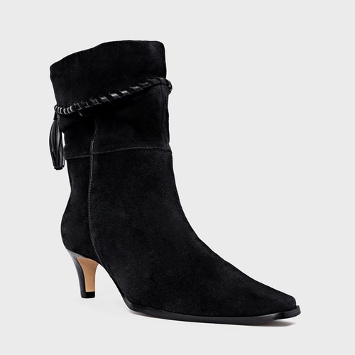 Bota Slouchy Franjas Salto Fino Couro Suede Preto