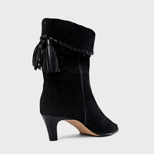 Bota Slouchy Franjas Salto Fino Couro Suede Preto