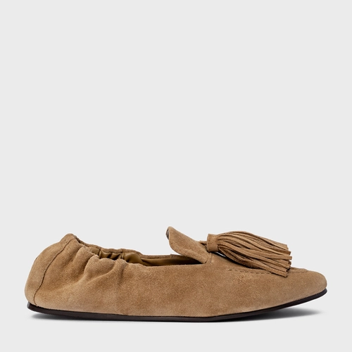 Loafer Ripple Franjas Couro Suede Bege Almond