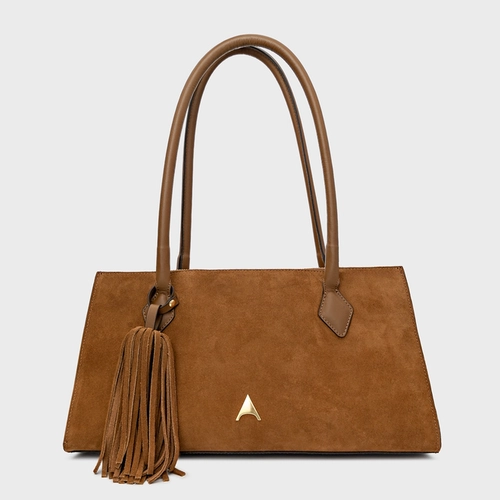 Bolsa Tote Allora Grande Couro Suede Marrom Saddle