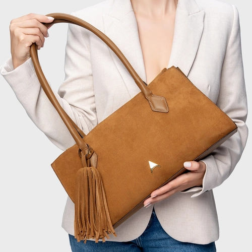 Bolsa Tote Allora Grande Couro Suede Marrom Saddle