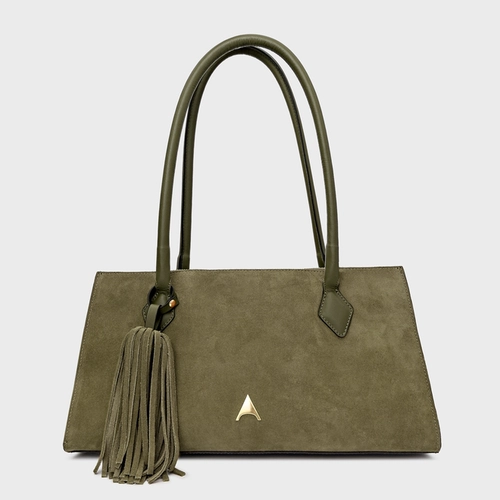 Bolsa Tote Allora Grande Couro Suede Verde Army Green